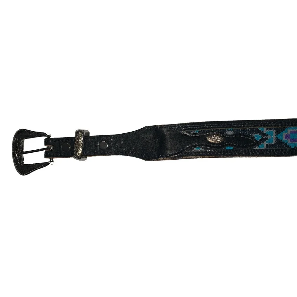 Vintage Dundee Leather Western Belt Womens 28 Turquoise Black Aztec Cowgirl USA